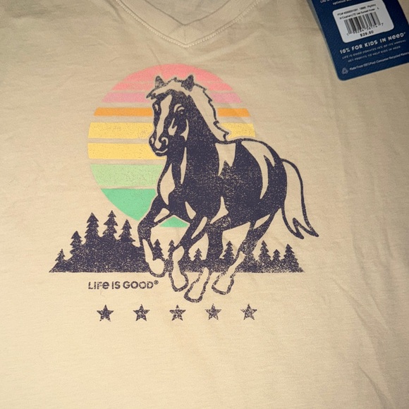 Life Is Good Cream T-Shirt with Horse and Pastel Sunset - Picture 2 of 5